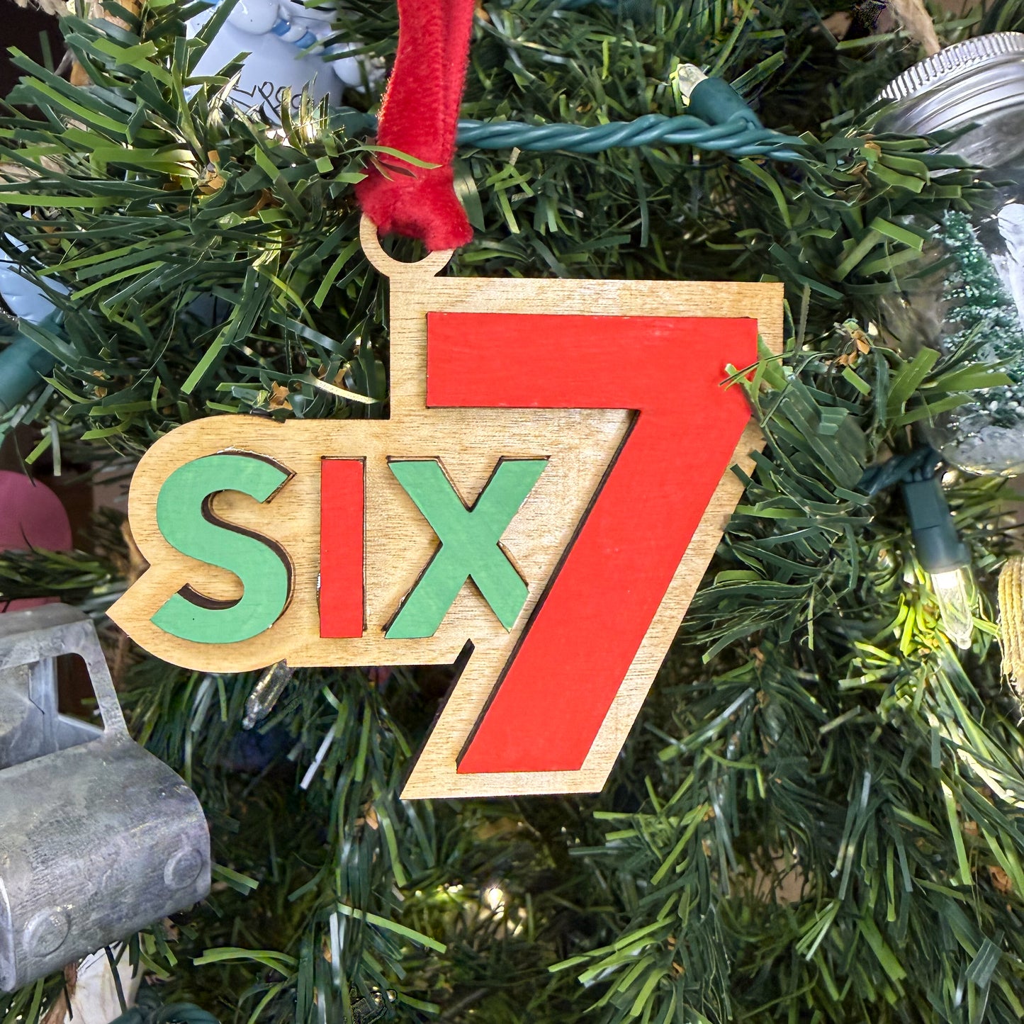 “Six Seven” Christmas Ornament – Laser-Cut Birch Wood, Layered Wood Holiday Ornament, Teen Trend Funny Christmas Decor, Hand-Painted