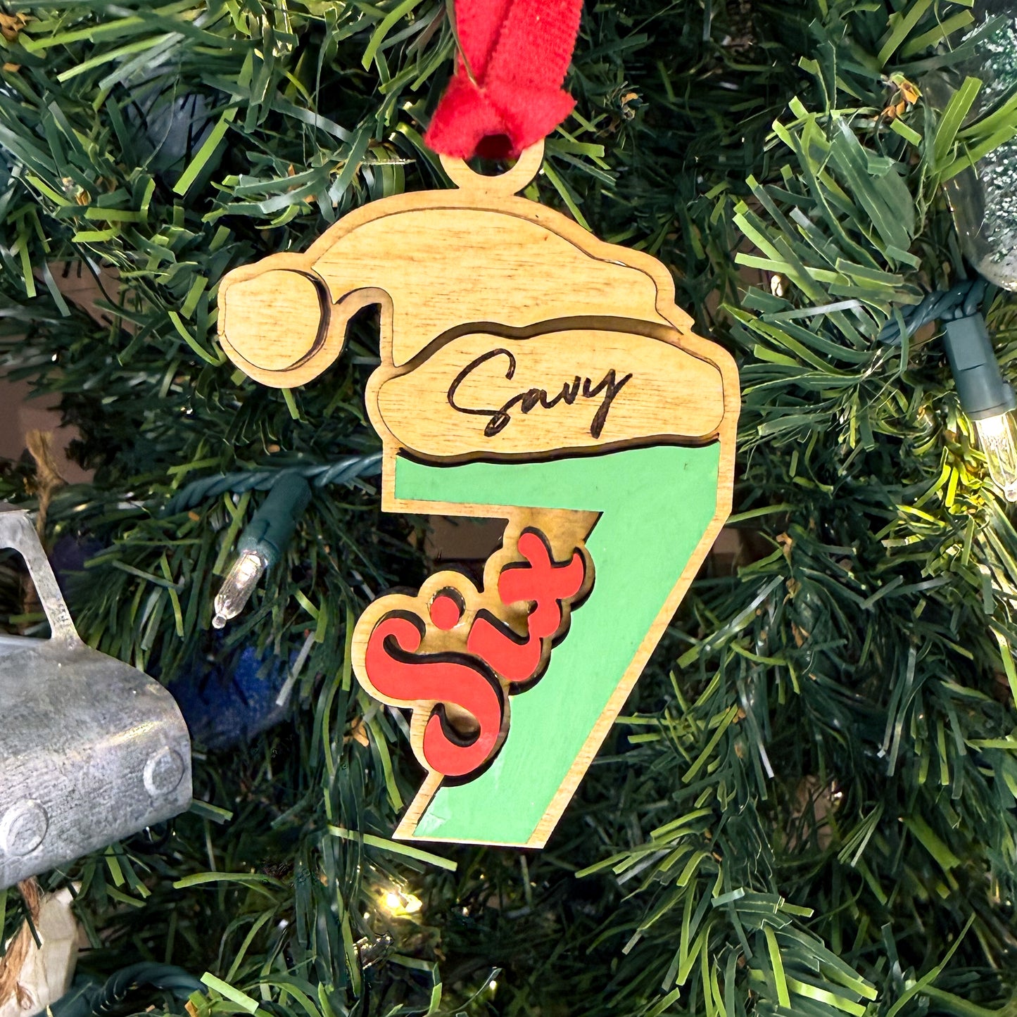 Personalized “Six Seven” Christmas Ornament – Custom Name, Laser-Cut Birch Wood, Layered Holiday Decor, Teen Trend Ornament, Made to Order